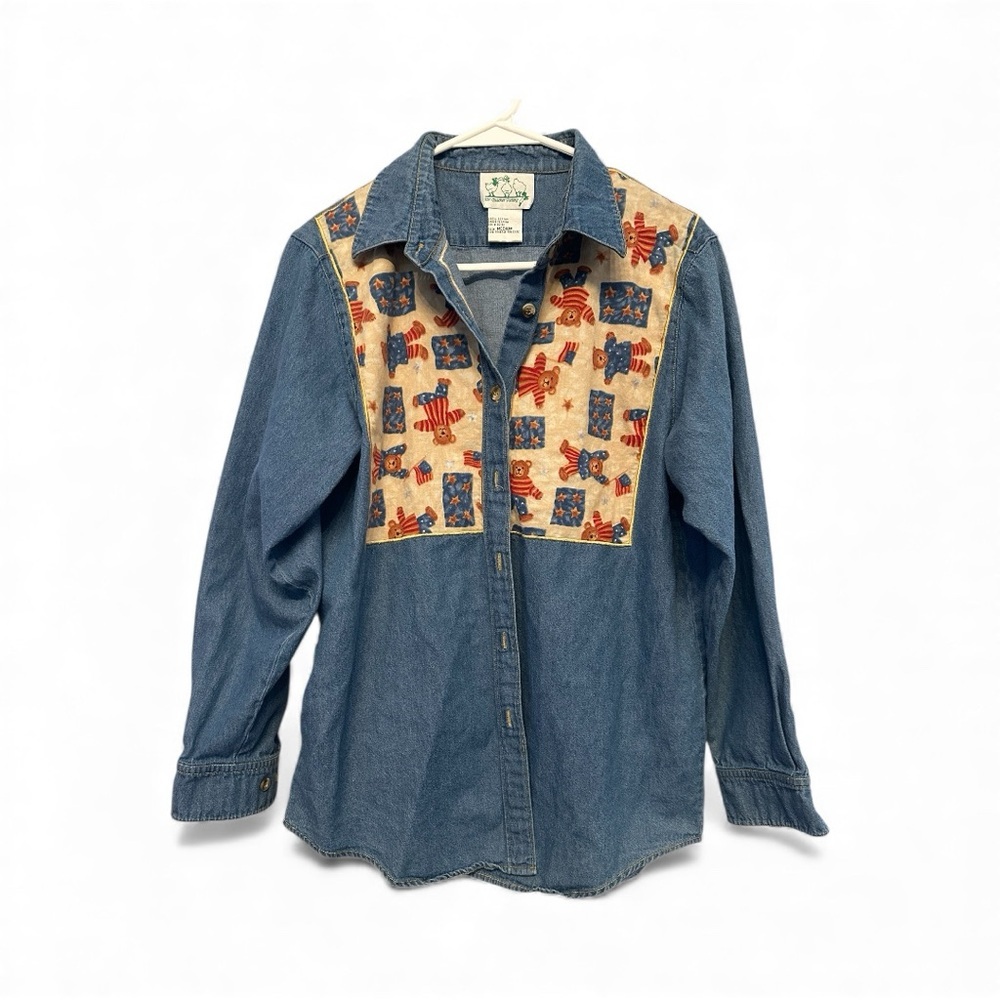 Vintage Y2K Quaker Factory Patriotic Teddy Bear Themed Blue Denim Shirt Medium